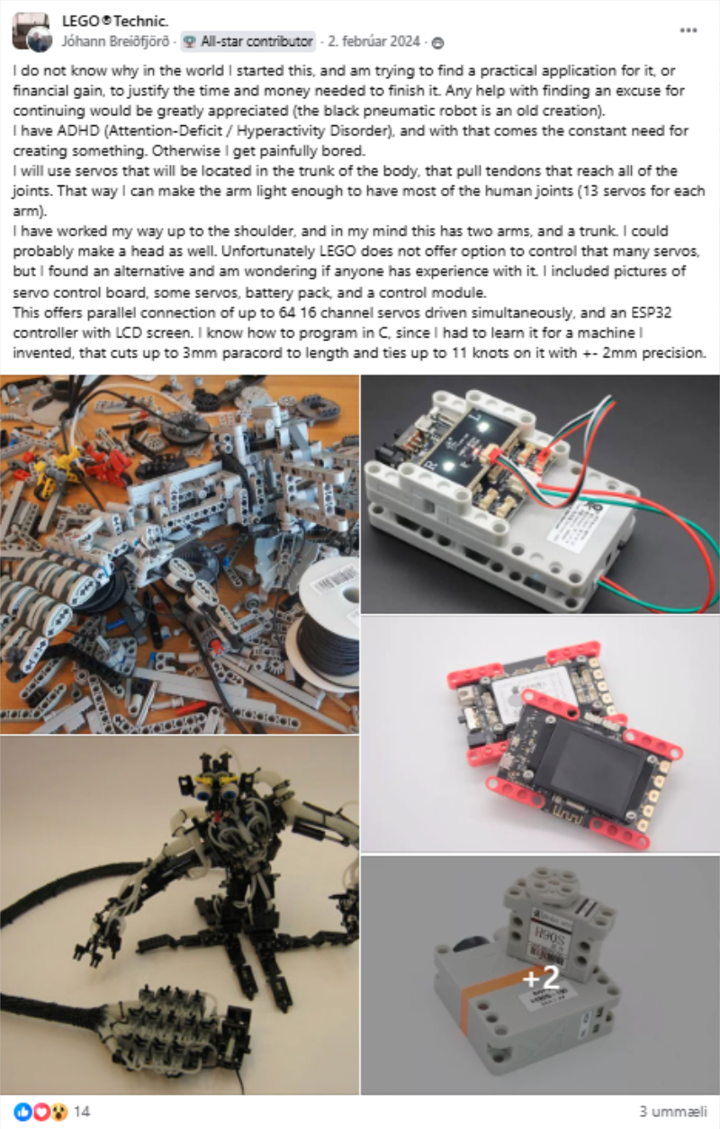 Facebook post from 2 February 2024 showing early tendon-driven LEGO robot concepts and electronics.
