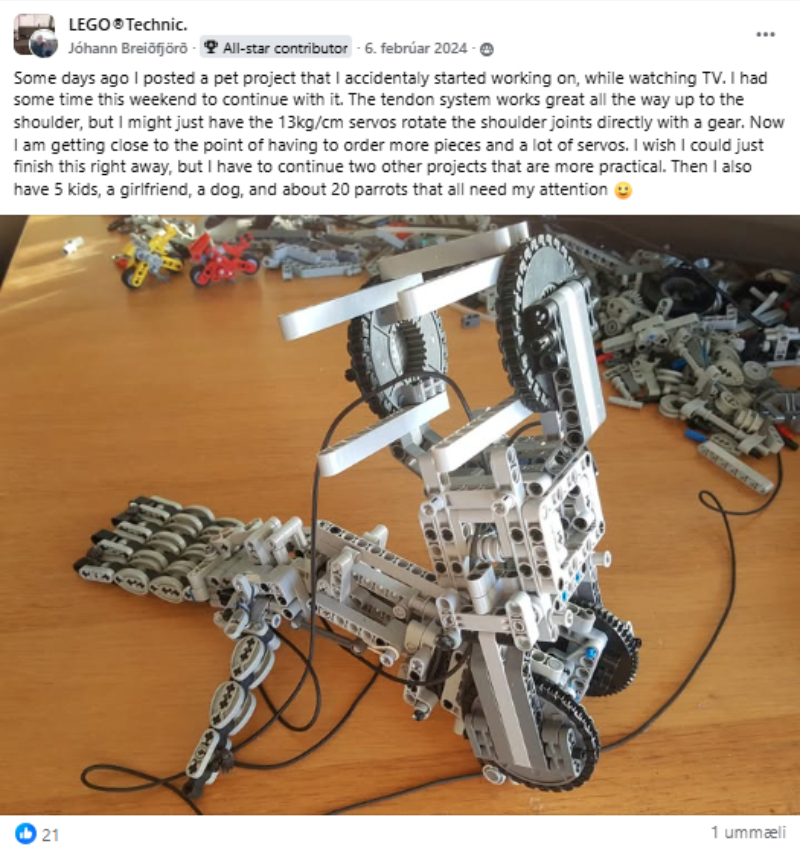 Facebook post from 6 February 2024 showing an early tendon-driven shoulder and hand prototype.