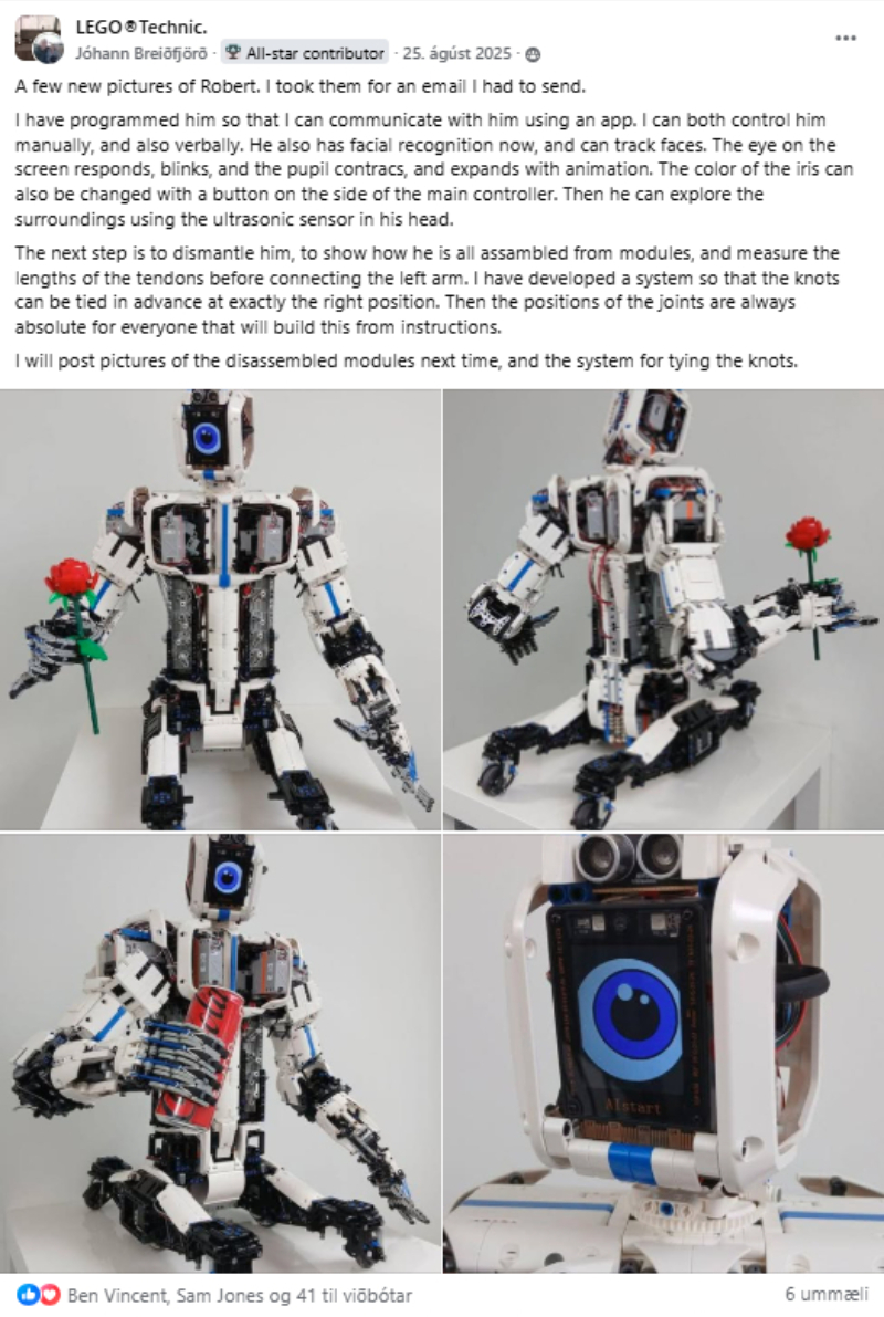 Facebook post from 25 August 2025 showing Robert with expressive eye display and a flower.